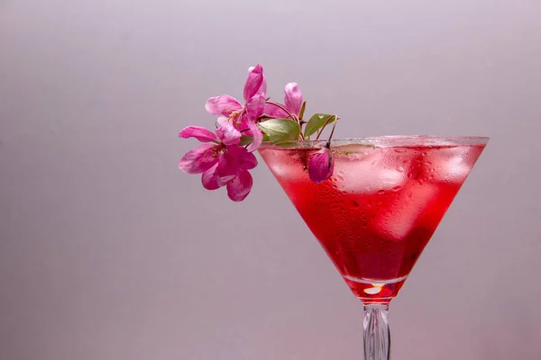A red alcoholic drink with ice is poured into a martini glass and decorated with branches of a blossoming spring tree with pink flowers.