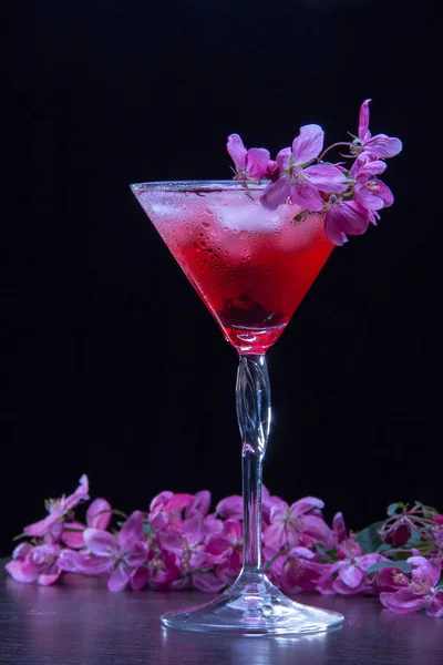 Buz ile tatlı bir alkollü içecek bir martini cam dökülür, cam ve masa pembe çiçekleri ile bir bahar çiçekli ağaç dalları ile dekore edilmiştir.