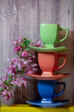 Üç bardak ve tabaklar sarı bir rafta üst üste durmak, yanlarında bir de çiçek sakura bir dalı, arkasında ahşap bir arka plan.