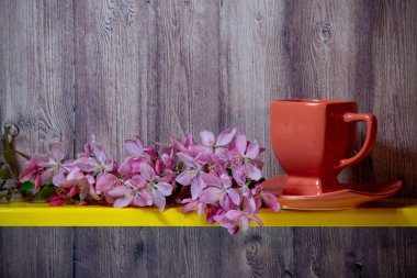 Kırmızı fincan, tabak, sarı rafta sakura çiçek açan dal, ahşap bir arka plan arkasında.