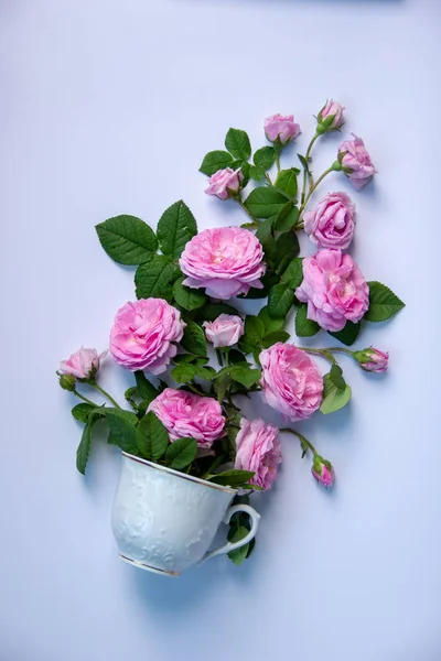 Beautiful Bouquet Fragrant Roses Lies White Mug Gold Border White — Stock Photo, Image