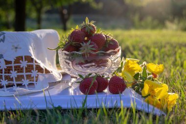 Kristal vazoda olgun çilek, sarı çayır çiçekleri, bahçede yeşil çim bir tepsi üzerinde güzel bir bez peçete standı.