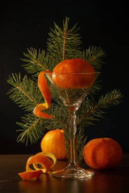 Üç portakal olgun mandalina, spiral şeklinde bir topuk, bir Noel ağacı dalı, siyah bir arka plan üzerinde bir martini cam.