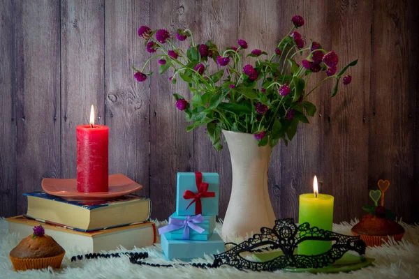 Bouquet Wildflowers Vase Books Two Burning Candles Gift Boxes Decorated — Stock Photo, Image