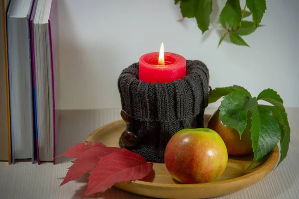 Autumn Still Life Wooden Plate Ripe Apples Burning Red Candle — Stock Photo, Image