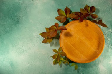 Yuvarlak ahşap bir tabağın üst görüntüsü, parlak yapraklı yabani üzümlerden bir dal. Sonbahar sakin bir hayat.