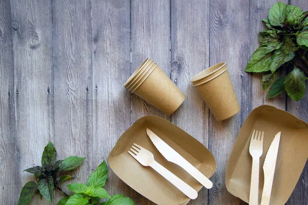 Экологичная Одноразовая Перерабатываемая Компостируемая Посуда Бумажные Коробки Едой Блюда Свежие — стоковое фото