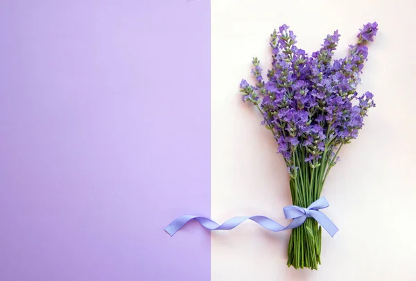 Beautiful bouquet of fresh lavender on pink and purple background. Holiday concept. Nature background. Top view, flat lay, copy space.