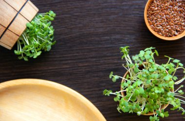 Taze mikro yeşiller, ahşap arka planda keten tohumu. Süper yemek konsepti. Sağlıklı bir yaşam tarzı. Doğadan gelen vitaminler. Düz yat, boşluğu kopyala.