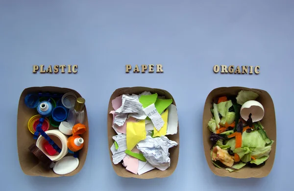 Mavi Arka Planda Plastik Kağıt Organik Çöp Tahta Harflerle Yazılmış — Stok fotoğraf