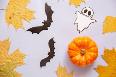 Cadılar Bayramı 'nda balkabağı, hayalet, yarasalar ve düşen sonbahar yapraklarıyla arka planda yatıyordu. Uzayı metin için kopyala. Kutlama konsepti.