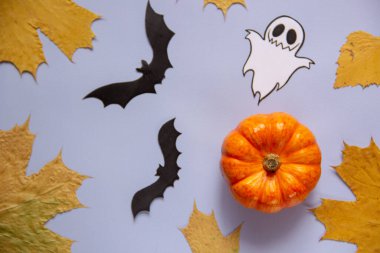 Cadılar Bayramı 'nda balkabağı, hayalet, yarasalar ve düşen sonbahar yapraklarıyla arka planda yatıyordu. Uzayı metin için kopyala. Kutlama konsepti.