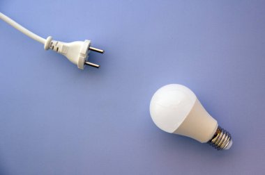 Ampulü ve prizdeki fişi mavi arkaplanda saklayan enerji. Enerji tasarrufu kavramı.