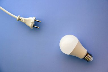Ampulü ve prizdeki fişi mavi arkaplanda saklayan enerji. Enerji tasarrufu kavramı.