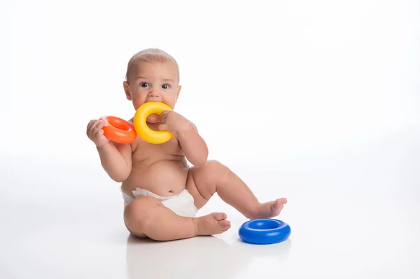 Seven Month Old Baby Boy Cute Expression Putting Toy Ring — Stock Photo, Image