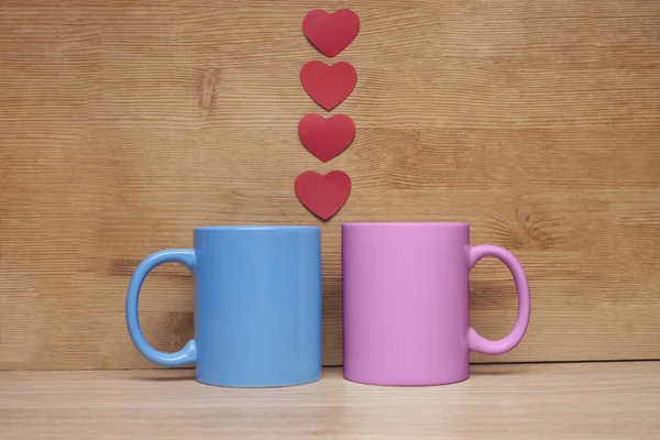 Two Cups Lovers Stand Wooden Background — Stock Photo, Image