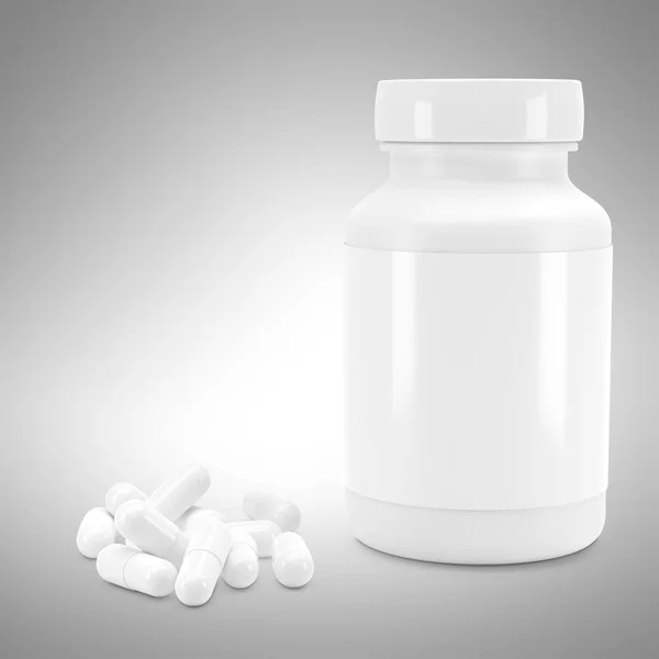 3D White can with vitamins. Bottle with white pills. 3d render. 3D image. 3D model