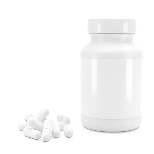 White Kan Med Vitaminer Flaska Med Vita Piller Render Bild — Stockfoto