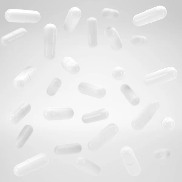 Белые Капсулы Витамины Белые Таблетки Полете Render Изображение Модель — стоковое фото