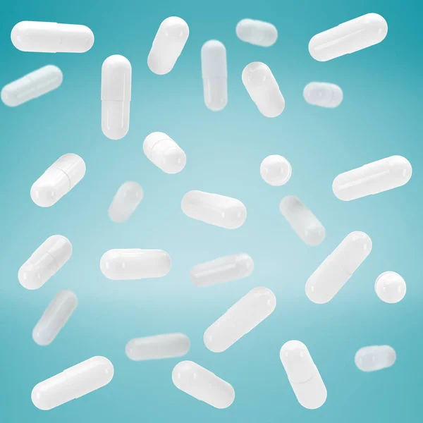 3D White capsule vitamins. White pills in flight. 3d render. 3D image. 3D model