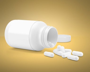 3D beyaz vitaminler ile olabilir. Beyaz hapı şişesiyle. 3D render. 3D görüntü. 3D modeli