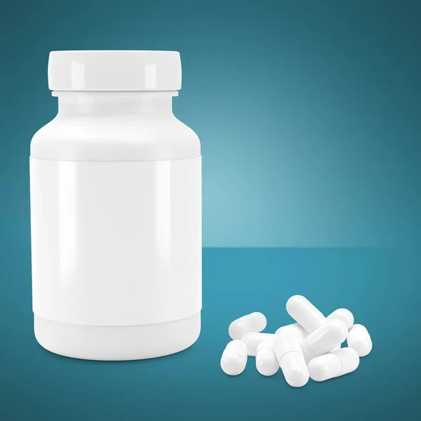 3D White can with vitamins. Bottle with white pills. 3d render. 3D image. 3D model
