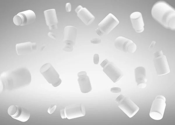 3D White bottle vitamins. White can in flight. 3d render. 3D image. 3D model