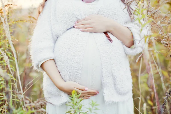 Беременная женщина на осеннем поле — стоковое фото