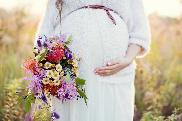 Mujer embarazada en el campo de otoño — Foto de Stock
