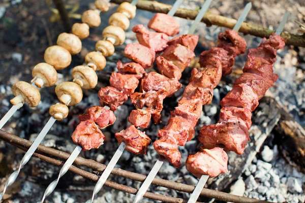 Close-up de alguns espetos de carne sendo grelhados em um churrasco — Fotografia de Stock