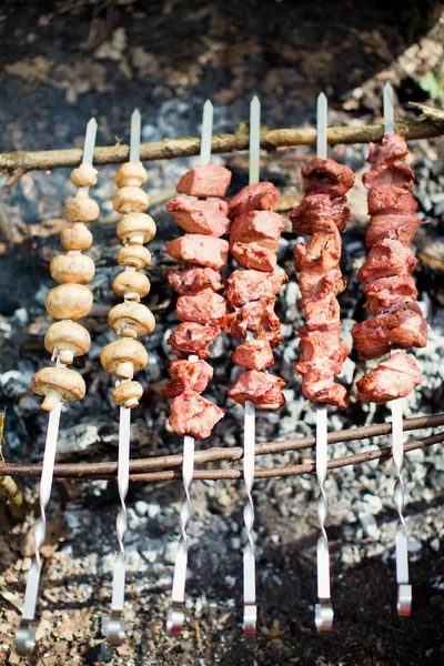 Close-up de alguns espetos de carne sendo grelhados em um churrasco — Fotografia de Stock