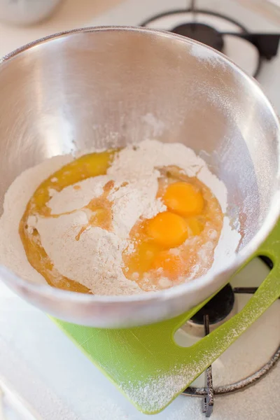 Eggs Flour Metal Bowl Ingrediens Cake Bread Cookies — Stock Photo, Image