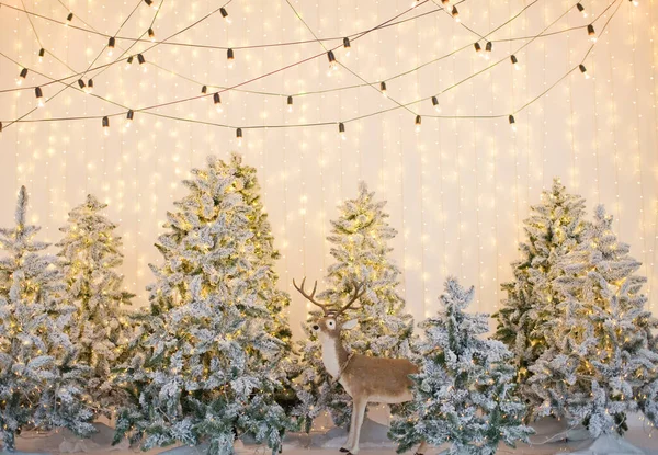 Winterliches Weihnachtsinterieur Mit Weihnachtsbäumen Mit Lichtern Und Brauner Hirschdekoration Kuscheliger — Stockfoto