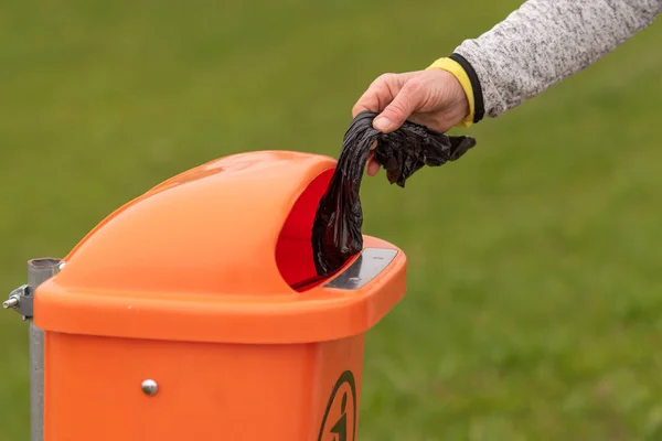 Dispose of stinking dogs shit properly. Woman does it — Stock Photo, Image