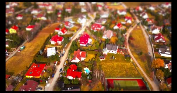 Vista Drones Casas Efeito Deslocamento Inclinação Aldeia — Vídeo de Stock