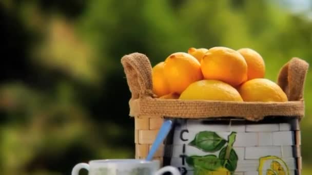 Pfanne über Korb mit Zitronen und Mann gießt 2 Gläser Limonade auf Tisch draußen — Stockvideo