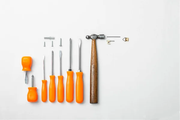 Set of hand tools to hang a picture on a wall consisting of, set of flat screwdrivers and phillips, dowel, 3 measures of round head screws, a hammer with a wooden handle, long nail, wire nail, triangular support to hang object.