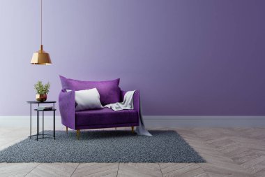 Lüks modern iç oturma odası, ultraviyole ev dekorasyonu kavramı, mor koltuk ve siyah tablo ile altın lamba ışık mor duvar ve woodfloor, 3d render