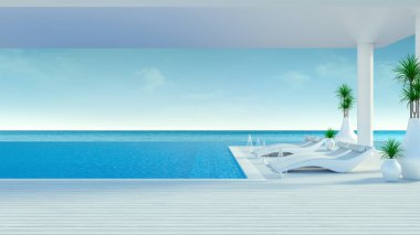 Beach lounge ,sun loungers on Sunbathing deck and private swimming pool with  panoramic sea view at luxury villa,summer /3d rendering clipart