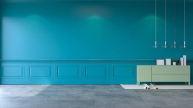 Vintage yeşil odası, Modern loft iç, yeşil yeşil duvar ve siyah beton döşeme, 3d render nane kabine ve beyaz lamba 