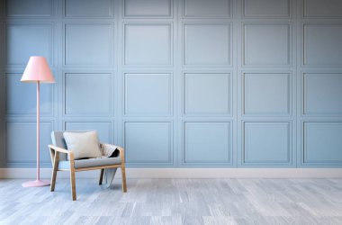 Minimalist dekorasyon, hafif yeşil tekli pembe lamba mavi çerçeve duvar ve Beyaz ahşap döşeme, 3d ile render 