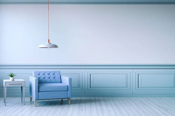 Minimalist Interior Design Light Blue Armchair White Lamp Blue Frame Лицензионные Стоковые Изображения