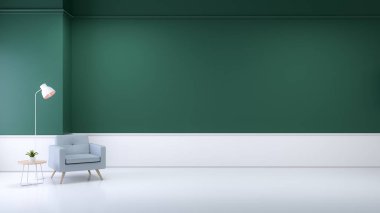 minimalist oturma odası iç, mavi kanepe ve /3d Duvar lambası yeşil render