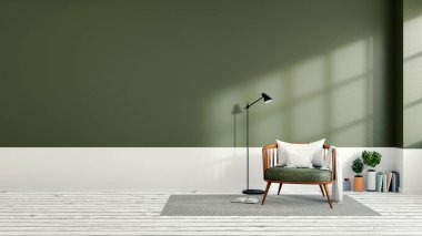 Minimalist iç tasarım, yeşil salon, 3d render 