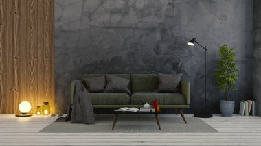 Modern çatı iç oturma odası, koyu yeşil kanepe beyaz döşeme ve karanlık beton duvar .empty Oda, 3d render