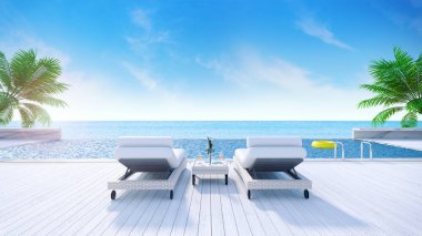 Rahatlatıcı yaz, daybeds Sunbathing güverte ve özel Yüzme Havuzu ve panoramik deniz ve plaj yakınındaki görüntülemek lüks evinde/3d render