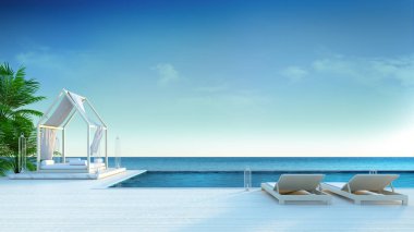 Beach lounge, güneş longers Sunbathing güverte ve özel Yüzme Havuzu ve panoramik deniz görüntülemek lüks villasında / 3d render