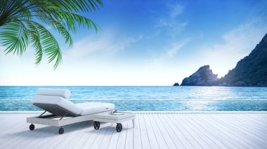 Relaxing summer,daybed on Sunbathing deck and private swimming pool with near beach and panoramic sea view at luxury house /3d rendering clipart