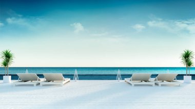 Summer , sun longers on Sunbathing deck and private swimming pool with  panoramic sea view at luxury villa/3d rendering clipart