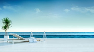 Summer , sun longers on Sunbathing deck and private swimming pool with  panoramic sea view at luxury villa/3d rendering clipart